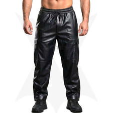 Soft Cow Leather Cargo Pants Men Baggy Fit Bootcut Trousers 6 Pockets picture