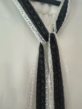 Womens Sheer Chiffon Tie-Neck Blouse V-Neck Long Sleeve Lace Trim White picture