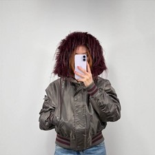 Rare Vintage Metallic Grey Cropped Bomber Burgundy Fur Trim Jacket picture