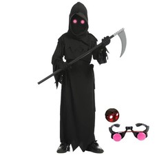 Grim Reaper Costume Kids Halloween Glowing Red Eyes Hooded Robe Scythe Gloves picture