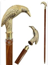 Walking Stick Antique Solid Brass Crow Head Handle Vintage Wooden Cane picture