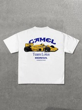 White Vintage Camel Lotus Honda F1 1987 Monaco GP Race Car Back Print Tee - XL picture