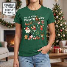 Most Wonderful Time Christmas T-Shirt Vintage Santa Reindeer Graphic Tee picture