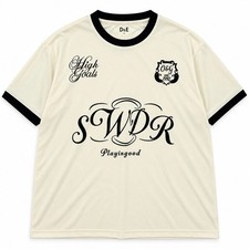 D&E Ringer Graphic Logo T-Shirt Beige/Black Crew Neck Short Sleeve picture
