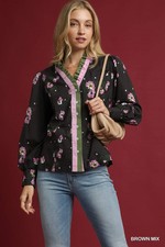 Umgee Brown Multi Abstract Floral Bunch Print Ruffle Long Sleeved Blouse Top picture