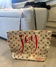 Brighton Large Canvas Christmas Tote Bag Beige Red Black w/ Zip Pouch Pockets picture