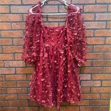 STORIA Burgundy 3D Floral Appliqué Babydoll Dress - Small whimsy goth fairycore picture