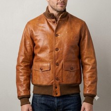 Men Handmade Brown Leather Bomber Jacket Vintage A1 Flight Coat Outerwear Gift picture