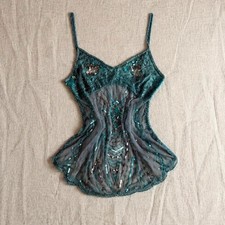 Y2K Pilot sheer mesh camisole with intricate turquoise sequin embroidery UK 12 picture