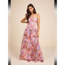 NWT Lulus Kasandra Pink Multi Floral Organza Drop Waist Maxi Dress Size Medium picture