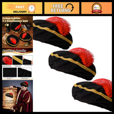 3 Pcs Medieval Renaissance Hat Set - Black Minstrel Cap with Red Feather picture