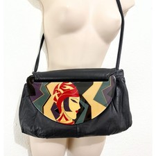 VTG 80s Deco Collectable Moon-Bag by Patricia Smith, Leather w Lacquered Flap picture