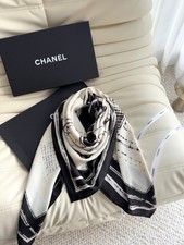 CHANEL Black White Silk Scarf Square Shawl CC Logo 140x140cm picture