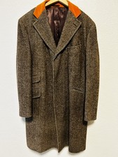 ETRO Milano Brown Herringbone Wool Coat Size 50 Rare Orange Velvet Collar picture