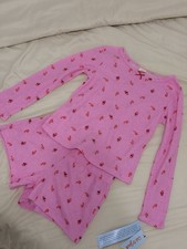 Cat & Jack Pink Waffle Knit 2pc Girls Pajama Set Long Sleeve Top & Shorts L picture