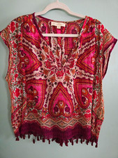 Lovestitch Womens Pink Paisley V-Neck Cap Sleeve Tassel Hem Blouse S/M picture