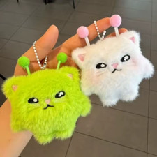 2PCS Fluffy Alien Cat Plush Keychain Cute Stuffed Animal Backpack Charm picture