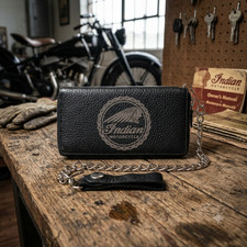 Indian Motorcycle Genuine Leather Biker All Over Zipper Bi-Fold Wallet W/ Chain picture
