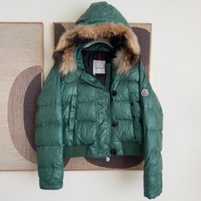 Vintage Moncler Green Fur Hooded Down Puffer Jacket Size 2 M Bomber Coat picture