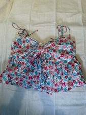 Storia Womens M Floral Mini Dress Pink Blue Tie Strap Ruffle Summer Sundress picture