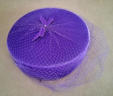 Chic Vintage Royal Purple Velvet Pillbox Hat with Veil & Bow 60s Retro picture