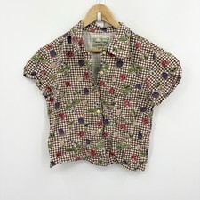 Vintage 90s Fruit Embroidered Novelty Print Top Medium Gingham Cottage Twee Crop picture