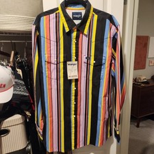 Wrangler Brushpopper New Shirt Pearl Snap Striped Mens L Cowboy 90's Style NWT picture