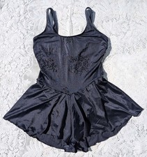 Vintage 80s 90s gothic black flocked floral teddy skirt one piece swim suit 13 M picture