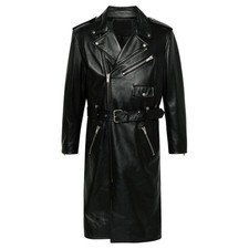 Men's Genuine Leather Moto Coat Black Longline Belted Biker Motorcycle picture