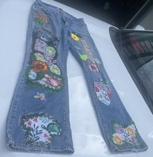 One-of-a-Kind Hand-Painted & Patchwork Upcycled Denim Jean picture