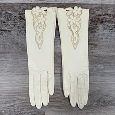 Vintage 50s 60s Italian Leather Gloves Bridal Old Hollywood Floral Cutwork S picture