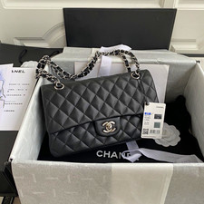 CHANEL Classic Flap Small Quilted Leather Bag Black CC Turn Lock Silver picture