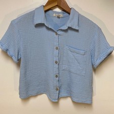 No Comment Button Down Shirt Womens Size M Blue Cotton Gauze Cropped Top Relaxed picture
