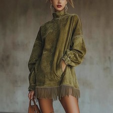 Loose Pockets Tassel Long Sleeve Suede Dress picture