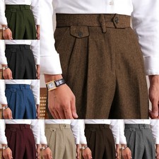 Mens Tweed Suit Pants Slacks Vintage Retro Adjustable Waist Herringbone Trousers picture