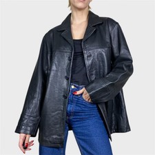 Vintage Black Leather Coat 90s Oversized Jacket Size US10/12 picture