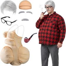 7 Pcs Halloween Fat Old Man Costume, Fake Belly and Chest Fat Suit picture