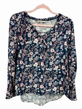 Multiblu Cottagecore Floral Button Down Top Navy Blue Viscose Blouse Size M picture