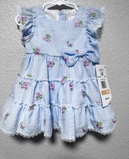 Rare Editions Toddler Girls Floral Dress Blue & White with Pink Flowers Size 12M picture