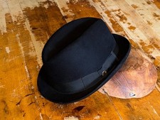 Vintage 1950s Men’s Fedora Black Fur Felt Stingy Brim 7 3/8 Hull House picture