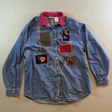 VTG Bobbie Brooks Denim Patchwork Shirt Womens L Blue Corduroy Collar Cottage picture