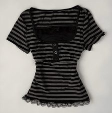 Y2K Goth Striped Lace Baby Tee Black Grey Square Neck Crop Top Women's S New picture