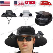 Solar Fan Hat Men Wide Brim Sun Fishing Outdoor Bucket Rechargeable With 2 Fan picture