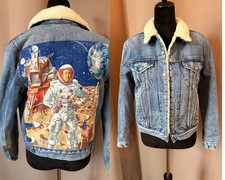 Vintage Levi’s Sherpa Denim Jacket Custom Astronaut Moon Landing One of a Kind picture