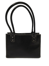 Wilsons Leather Satchel Shoulder Bag Structured Black Purse Tan Stitching picture