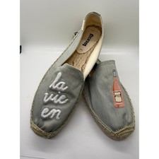 Soludos La Vie En Rosé Embroidered Espadrille Flats Blue Canvas Slip-On Shoes picture