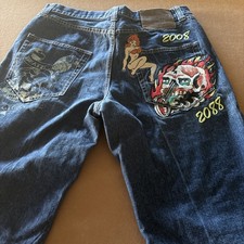 Ed Hardy by Christian Audigier Flaming Skull Shorts Embroidered Skull Lady Flame picture