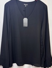 Cotton Bleu Black Blouse L NWT Lace Bell Sleeve V Neck Lined Boho Top picture