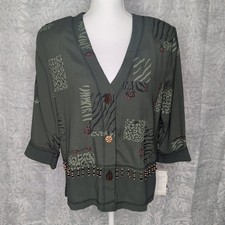 Vintage Nina Piccalino Olive Green Animal Print Beaded Fringe Jacket Size 10 picture