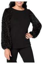 Susan Graver Women's Occasions Rib Knit Top w/ Embellished Slvs Black picture